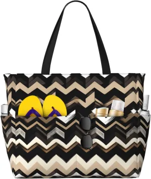 Black White Tan Zigzag Print Beach Travel Bag Waterproof Versatile Zipper Bag With Pockets Gym Travel Vacation