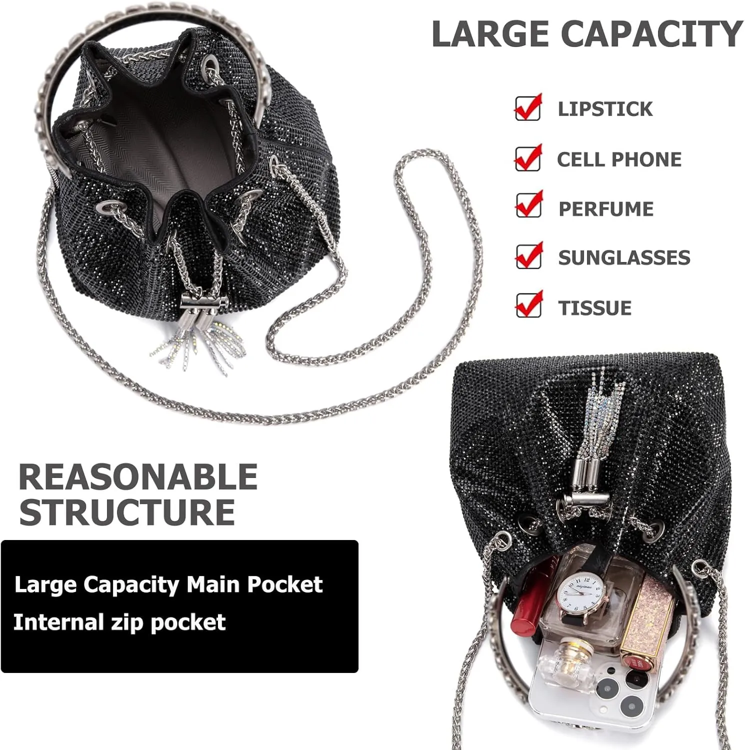 Bling Crystal Rhinestone Purse for Women Sparkly Clutch Handbag Crossbody Bag for Evening Wedding Party Prom