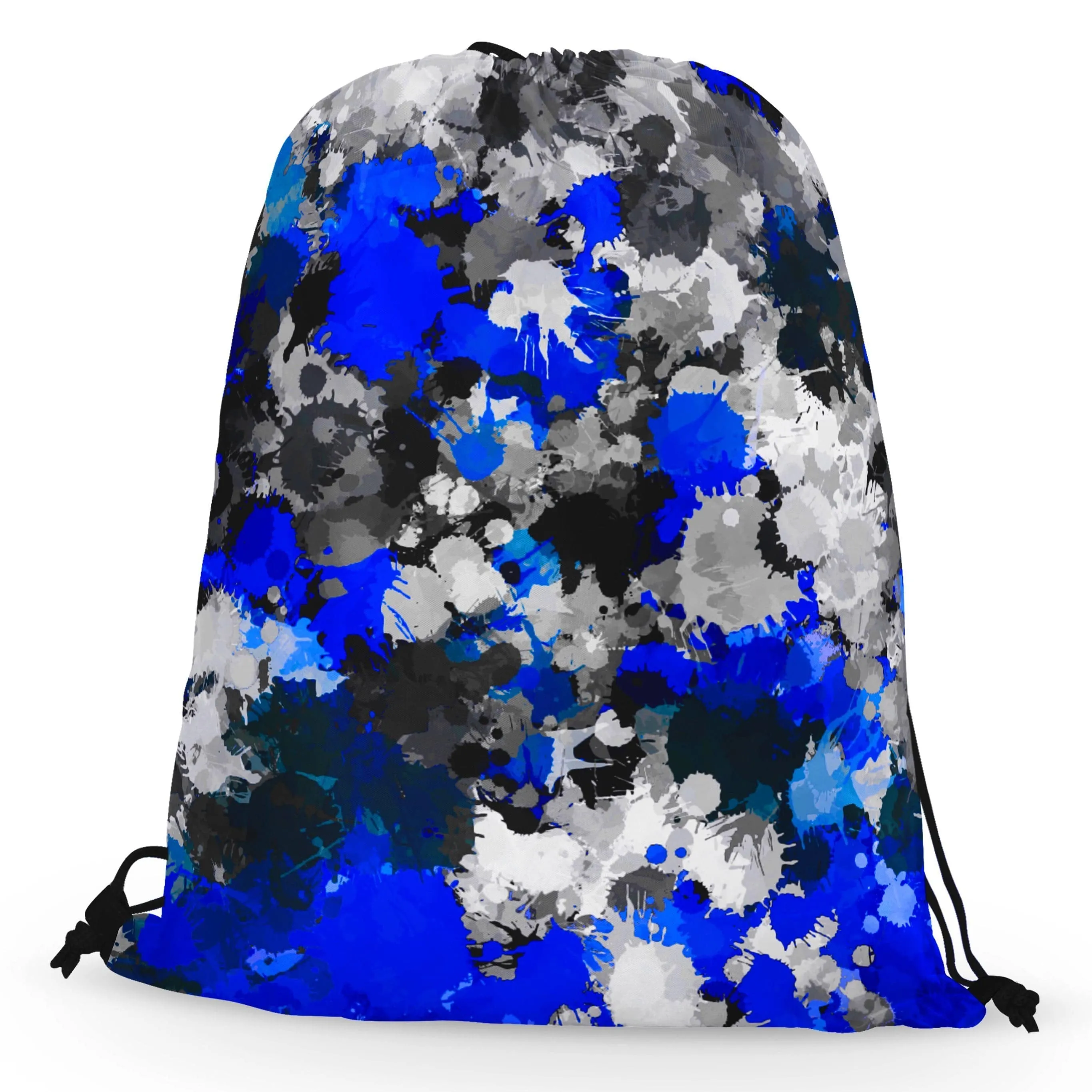 Blue and Grey Paint Splatter Drawstring Bag