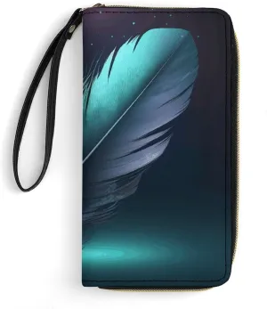 Blue Feather Pattern Leather Wallet Smooth Zip Around Clutch Wristlet Travel Long Soft Purse for Women