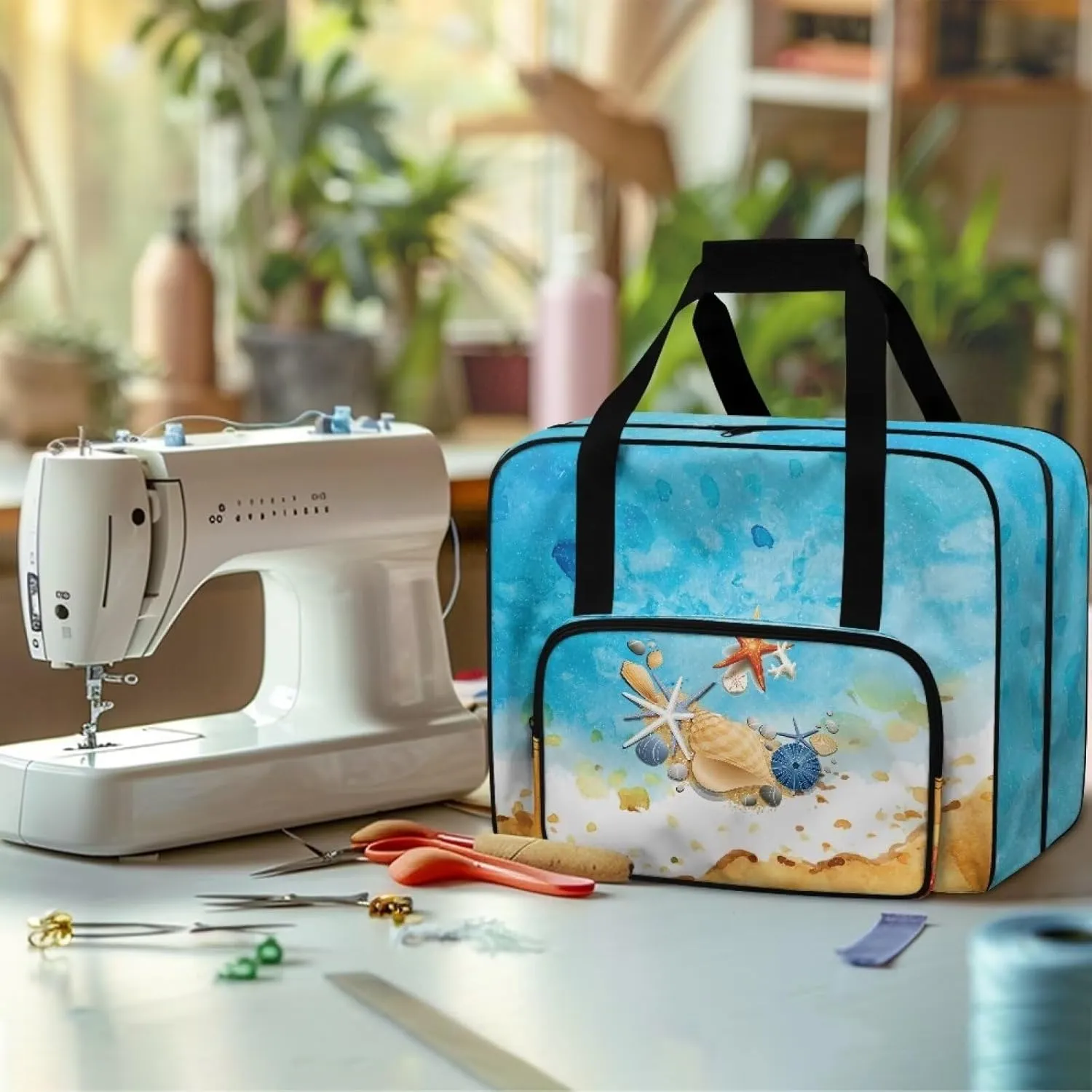 Blue Sea Shell Starfish Print Sewing Machine Carrying Case with Multiple Storage Pockets, Universal Tote Bag with zipper Compatible with Most Standard Sewing Machine