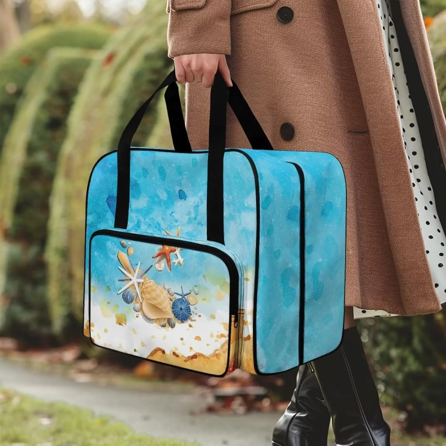 Blue Sea Shell Starfish Print Sewing Machine Carrying Case with Multiple Storage Pockets, Universal Tote Bag with zipper Compatible with Most Standard Sewing Machine
