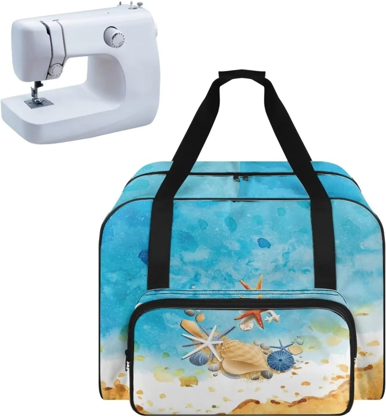 Blue Sea Shell Starfish Print Sewing Machine Carrying Case with Multiple Storage Pockets, Universal Tote Bag with zipper Compatible with Most Standard Sewing Machine