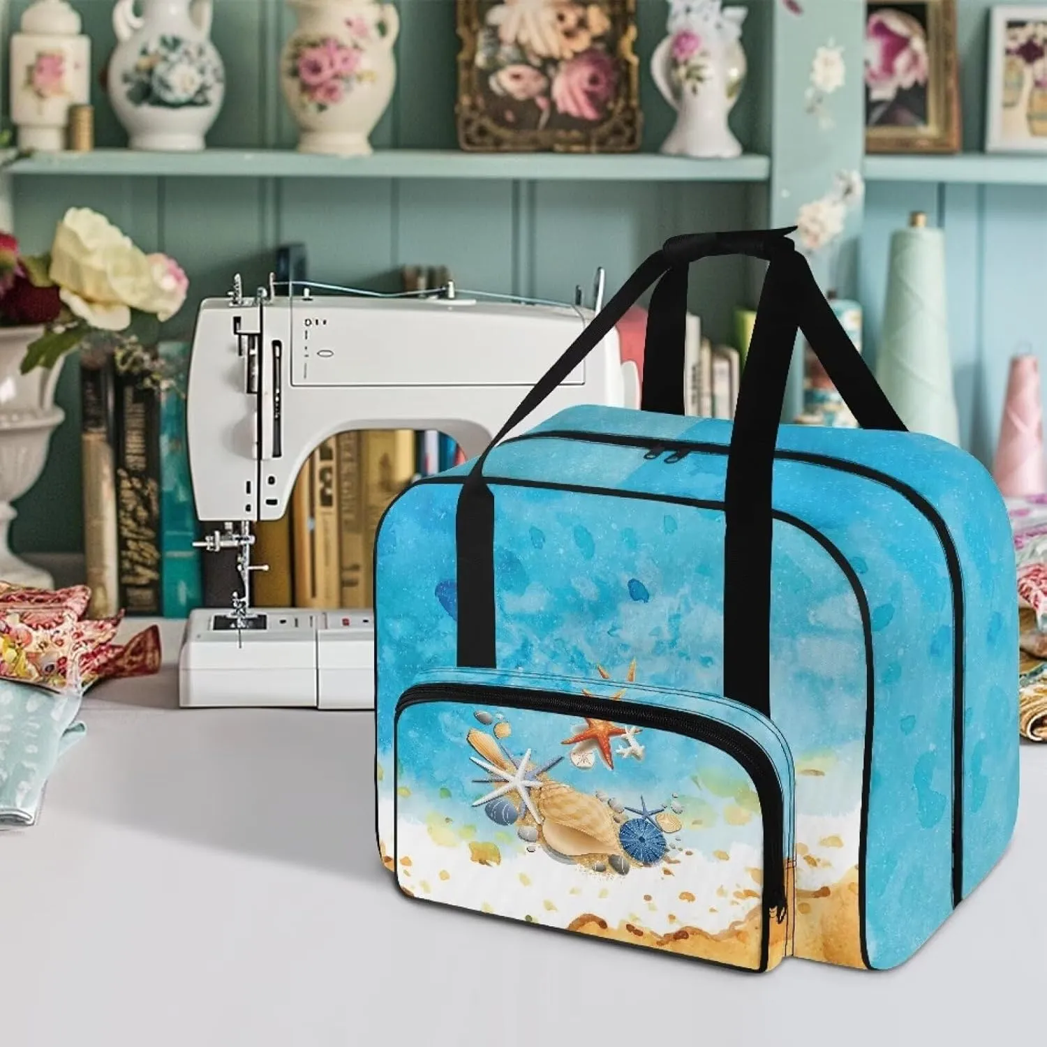 Blue Sea Shell Starfish Print Sewing Machine Carrying Case with Multiple Storage Pockets, Universal Tote Bag with zipper Compatible with Most Standard Sewing Machine