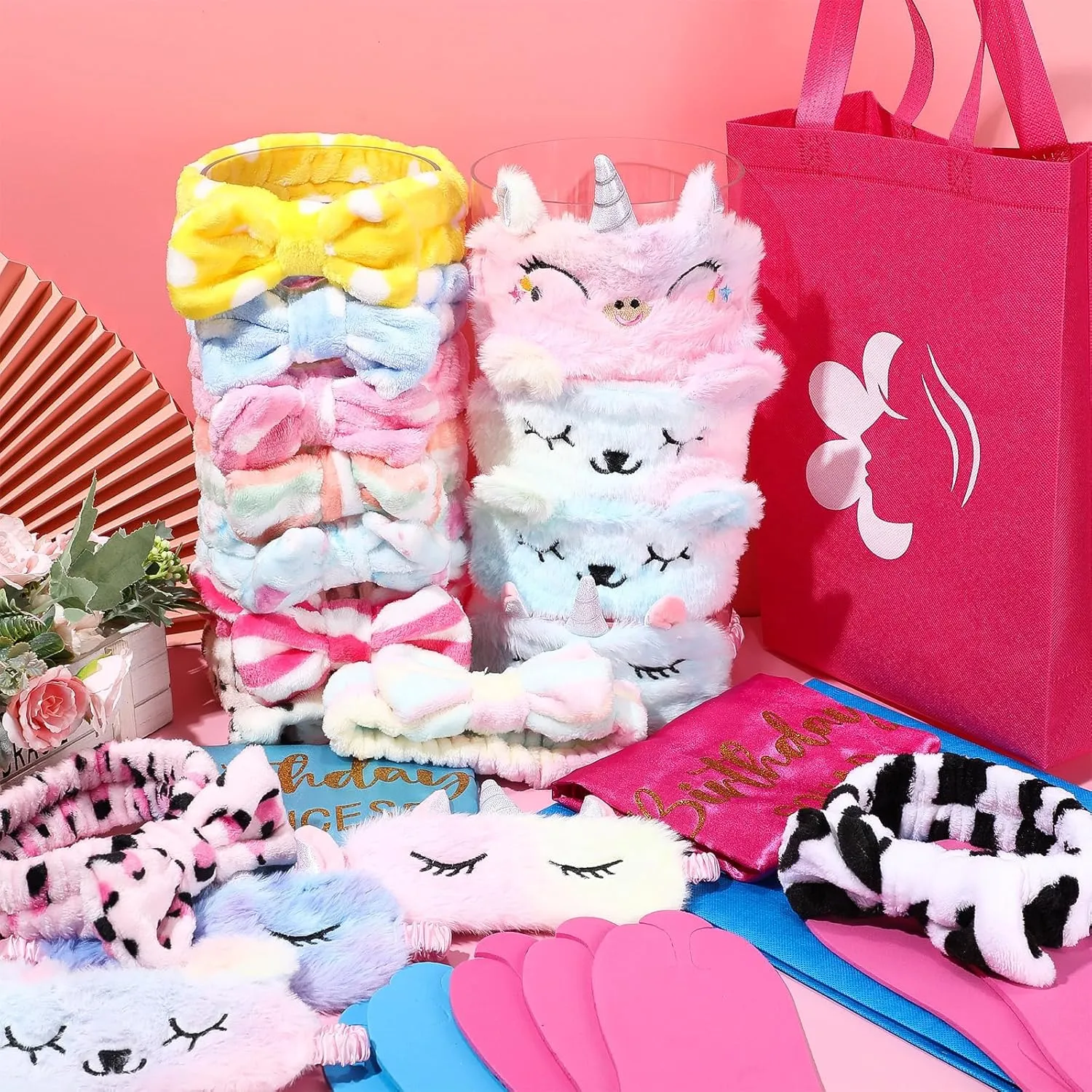 Bonuci 50 Pcs Spa Party Supplies for Girls, 10 Satin Robe 10 Kids Slippers Sleepover Birthday Spa Party Favors