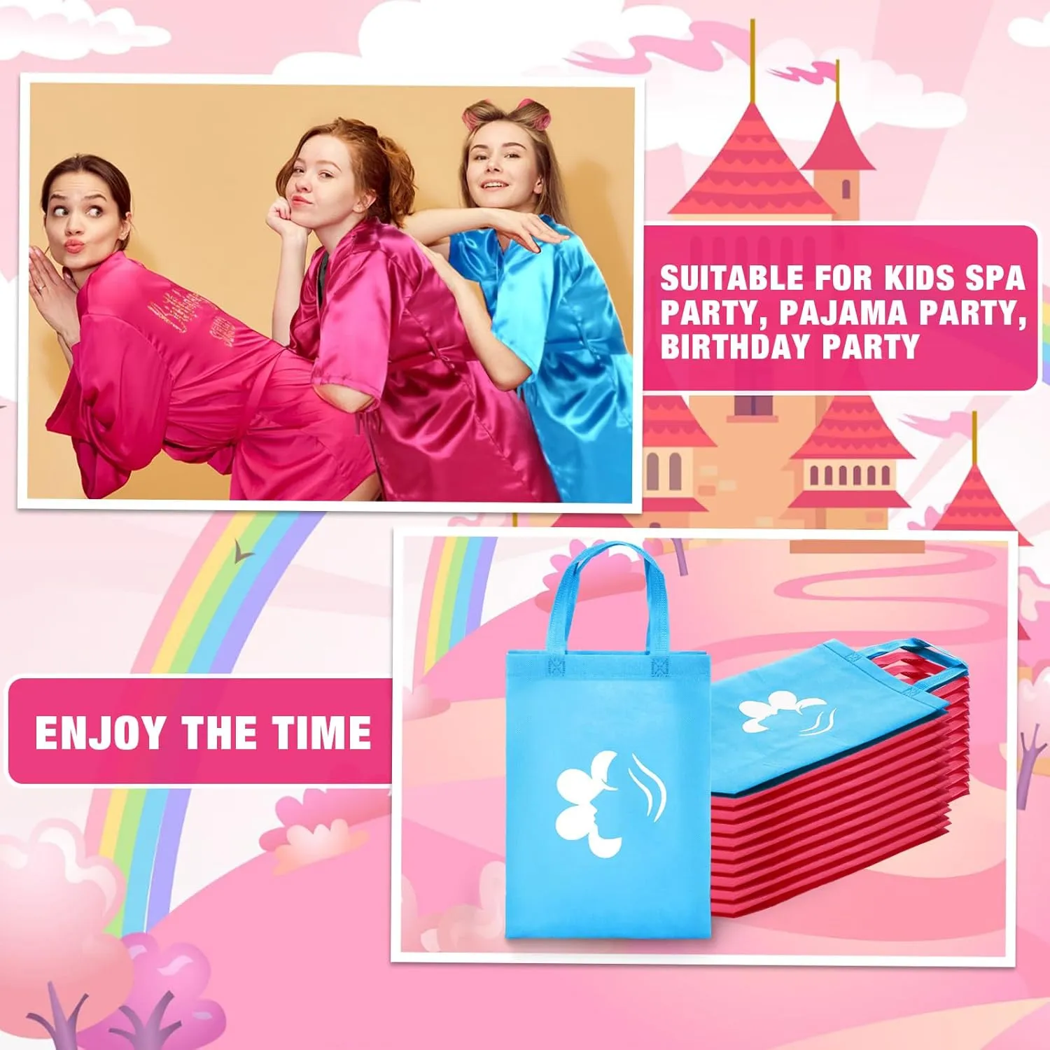 Bonuci 50 Pcs Spa Party Supplies for Girls, 10 Satin Robe 10 Kids Slippers Sleepover Birthday Spa Party Favors