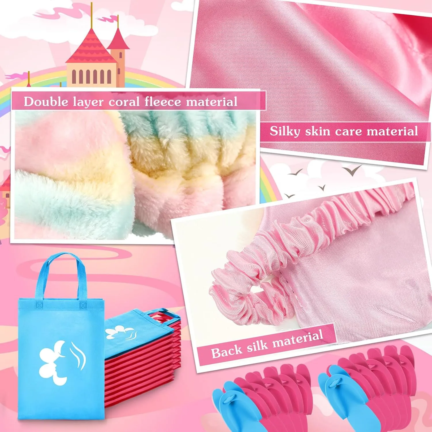 Bonuci 50 Pcs Spa Party Supplies for Girls, 10 Satin Robe 10 Kids Slippers Sleepover Birthday Spa Party Favors