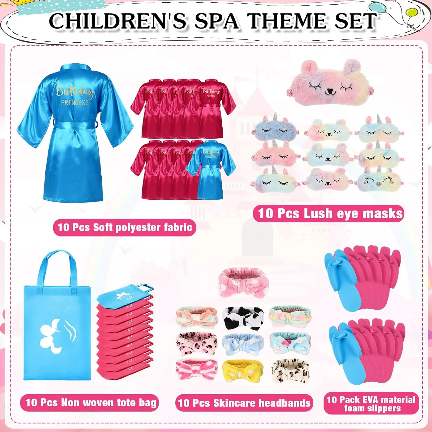 Bonuci 50 Pcs Spa Party Supplies for Girls, 10 Satin Robe 10 Kids Slippers Sleepover Birthday Spa Party Favors