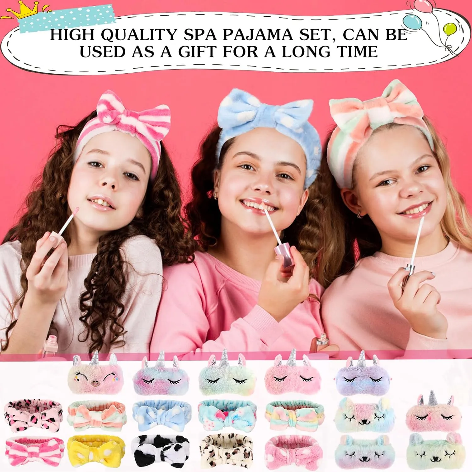 Bonuci 50 Pcs Spa Party Supplies for Girls, 10 Satin Robe 10 Kids Slippers Sleepover Birthday Spa Party Favors