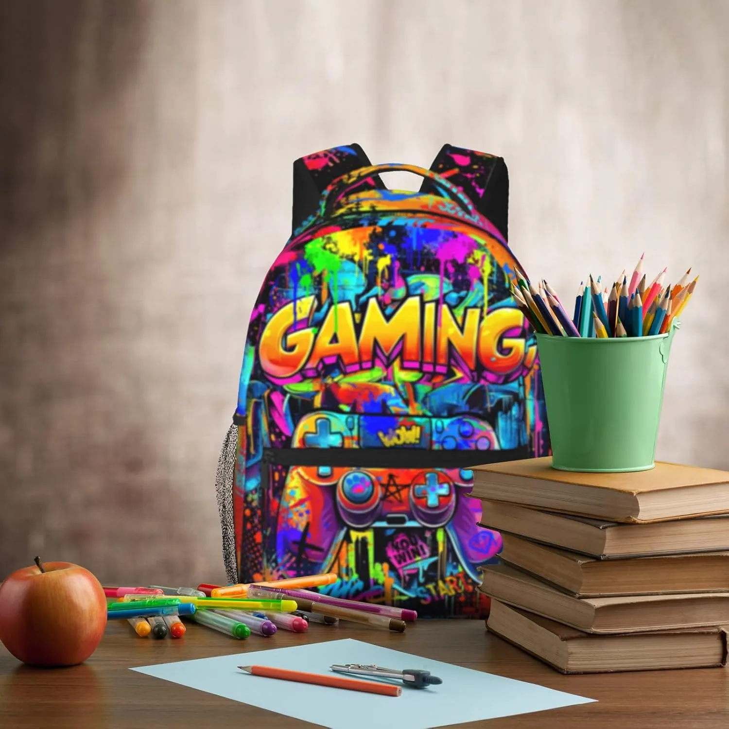 Boys Backpacks Graffiti Gaming Backpack for Kids Colorful School Bags for Kids Teenager Travel Daypack Laptop Backpack Back to School Gift