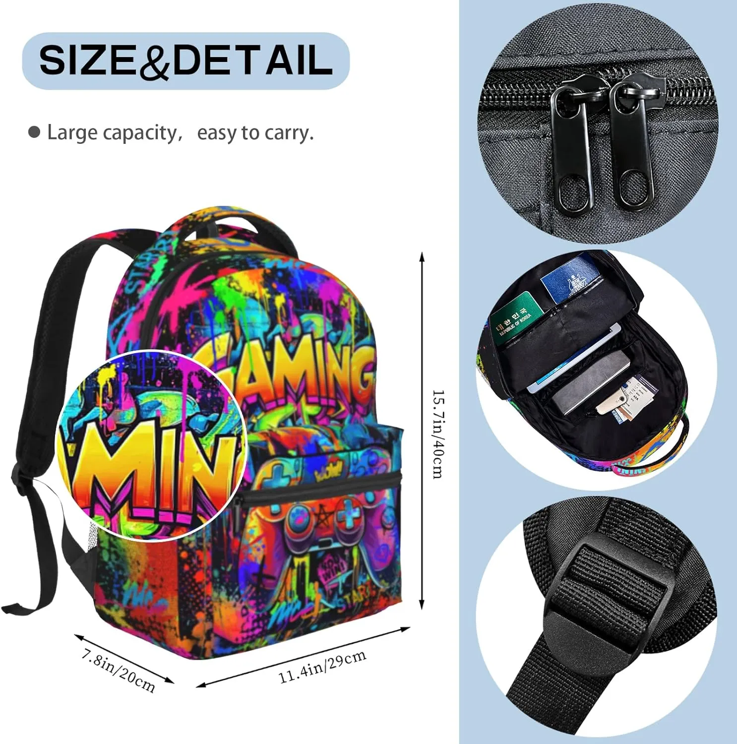 Boys Backpacks Graffiti Gaming Backpack for Kids Colorful School Bags for Kids Teenager Travel Daypack Laptop Backpack Back to School Gift