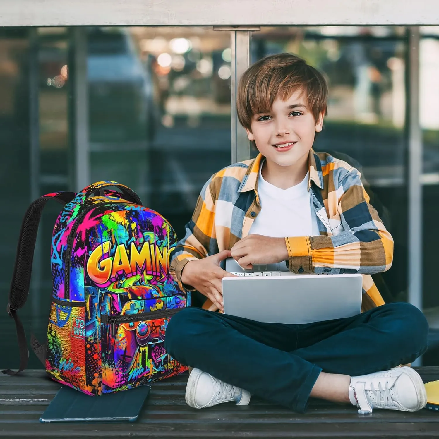 Boys Backpacks Graffiti Gaming Backpack for Kids Colorful School Bags for Kids Teenager Travel Daypack Laptop Backpack Back to School Gift