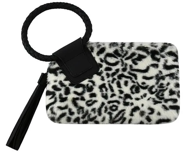 BP204LF Leopard Fur Cuff Handle Tassel/Wristlet Clutch
