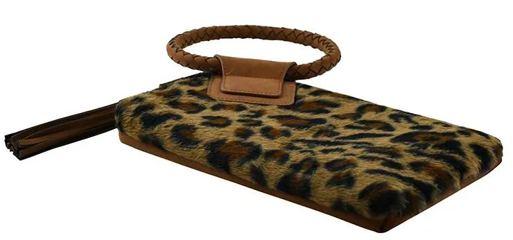 BP204LF Leopard Fur Cuff Handle Tassel/Wristlet Clutch