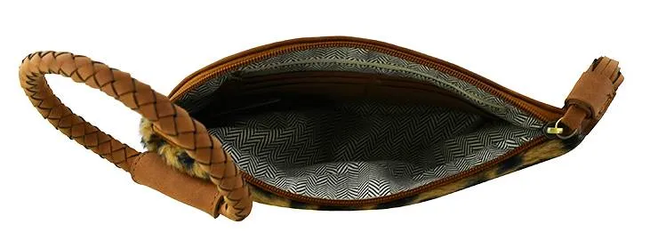 BP204LF Leopard Fur Cuff Handle Tassel/Wristlet Clutch