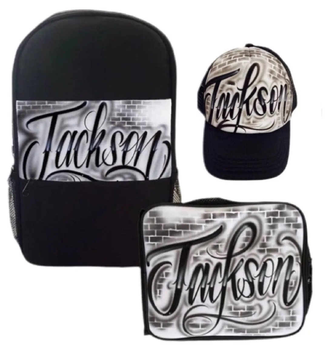 Brick Wall Script Style Custom School Combo (18) 1x TruckerCap, 1x Backpack, 1x Lunchbox