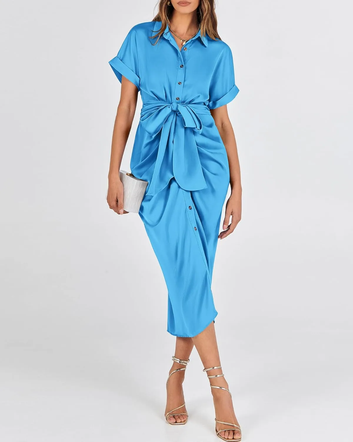 BTFBM 2025 Women Button Down Ruched Shirt Dresses Short Sleeve Lapel V Neck Elegant Party Spring Summer Maxi Satin Dress
