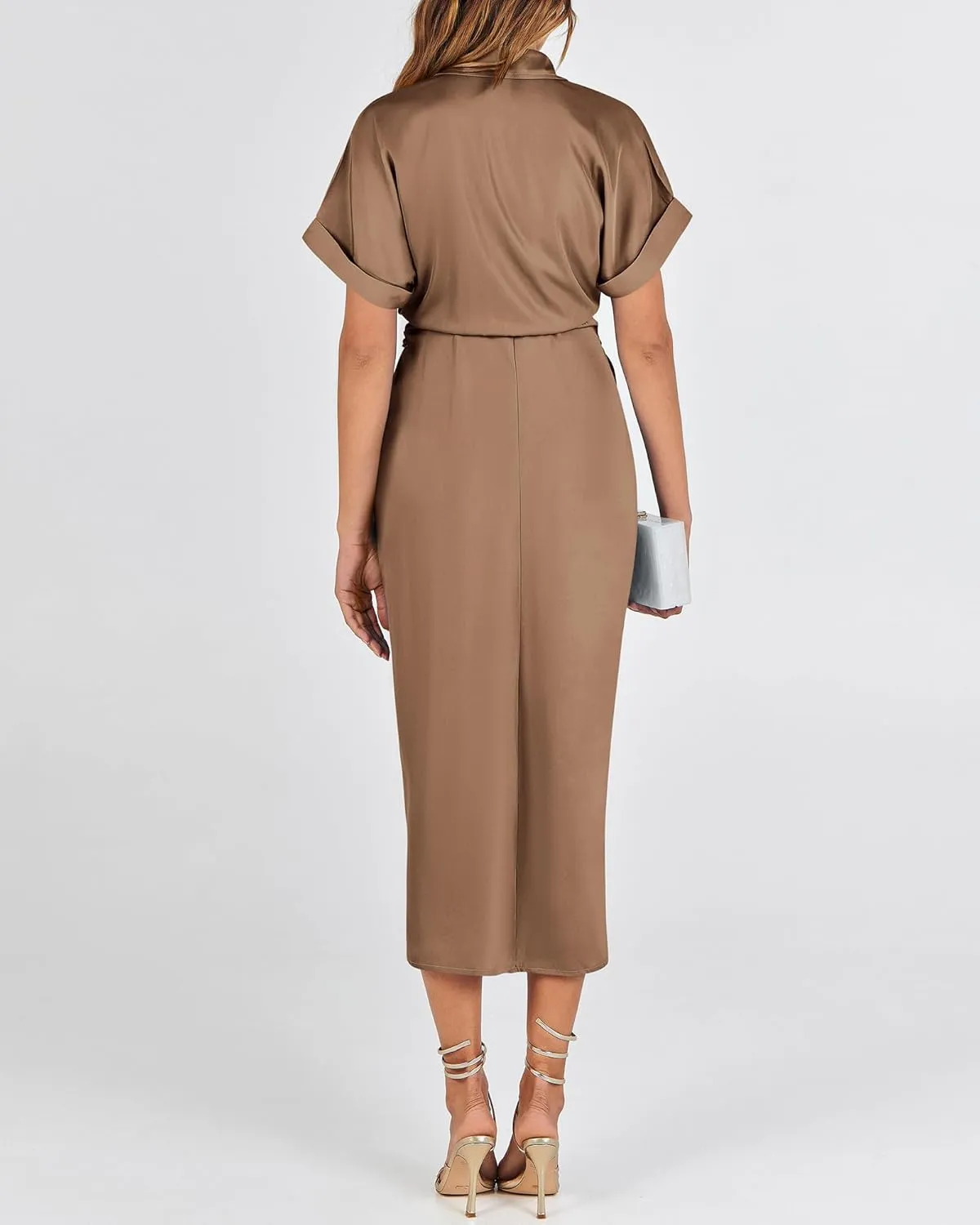BTFBM 2025 Women Button Down Ruched Shirt Dresses Short Sleeve Lapel V Neck Elegant Party Spring Summer Maxi Satin Dress