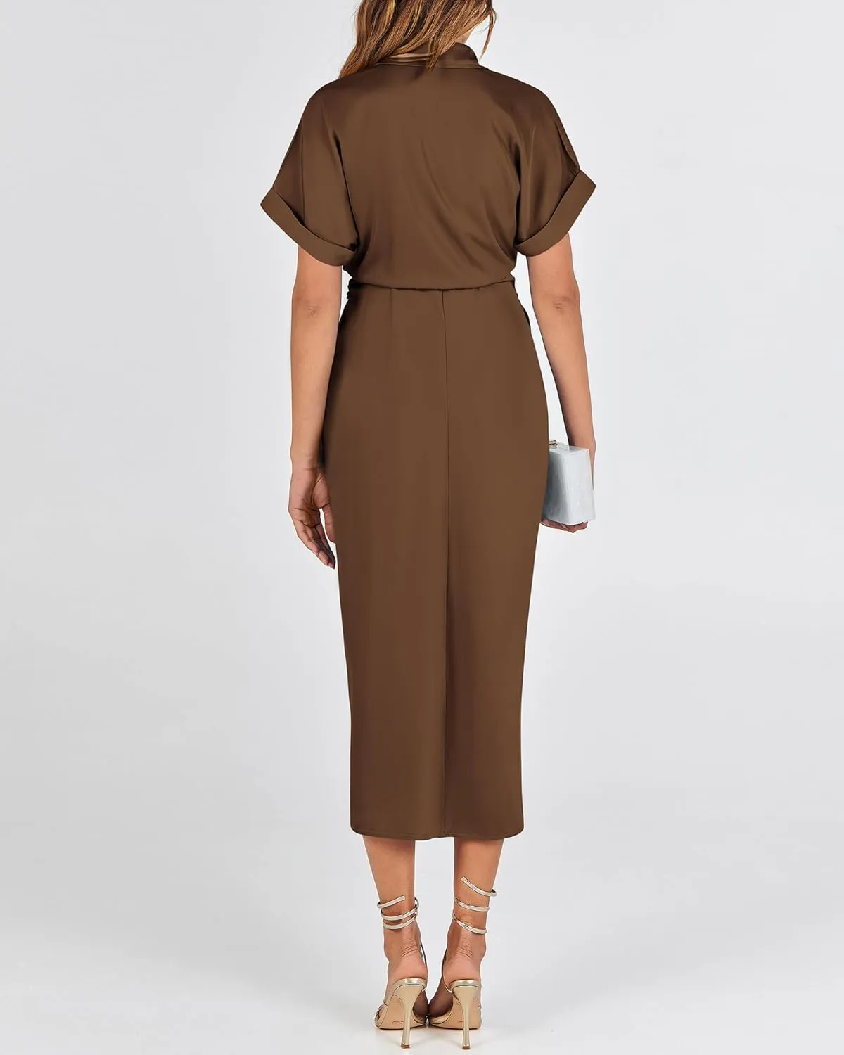 BTFBM 2025 Women Button Down Ruched Shirt Dresses Short Sleeve Lapel V Neck Elegant Party Spring Summer Maxi Satin Dress