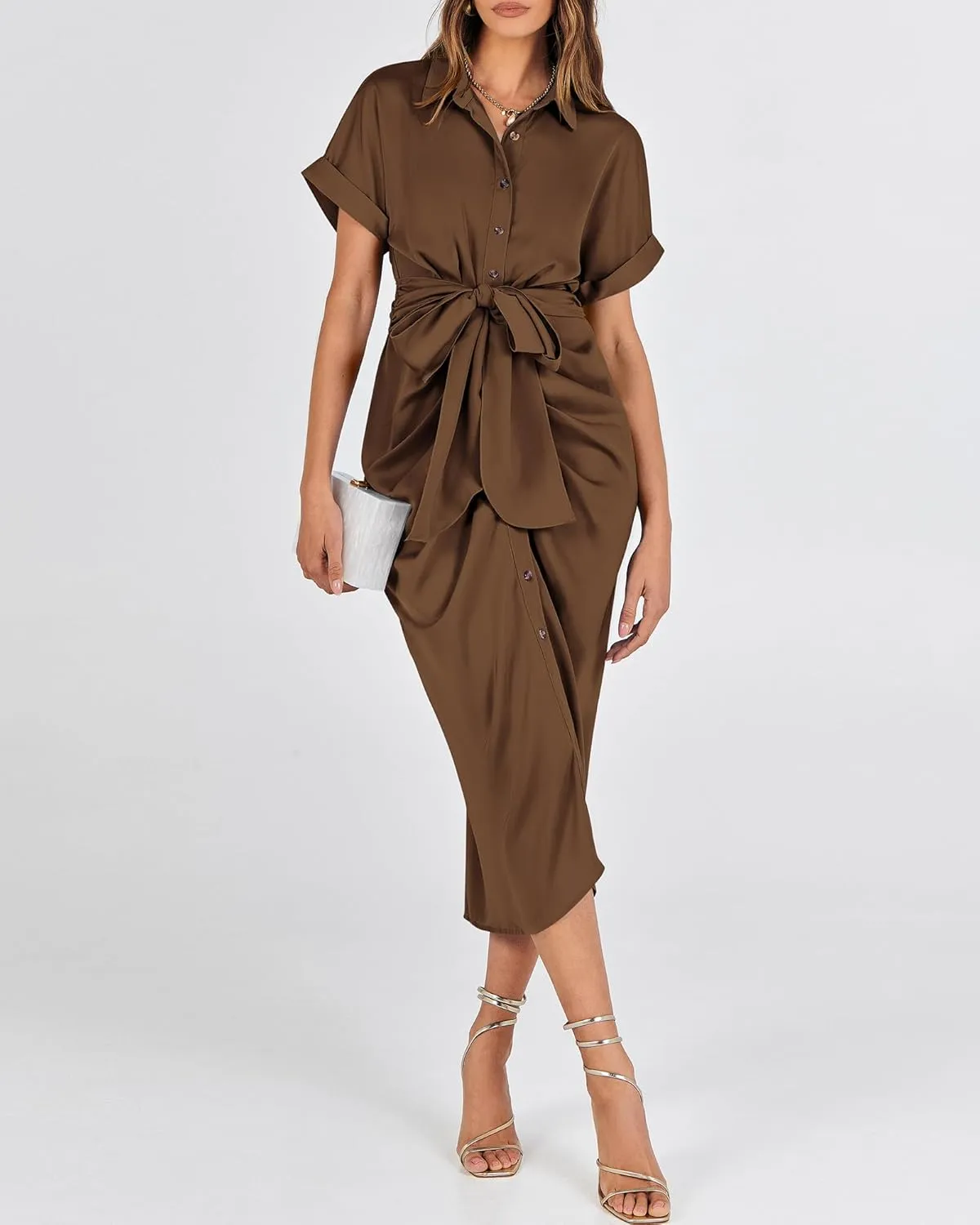 BTFBM 2025 Women Button Down Ruched Shirt Dresses Short Sleeve Lapel V Neck Elegant Party Spring Summer Maxi Satin Dress