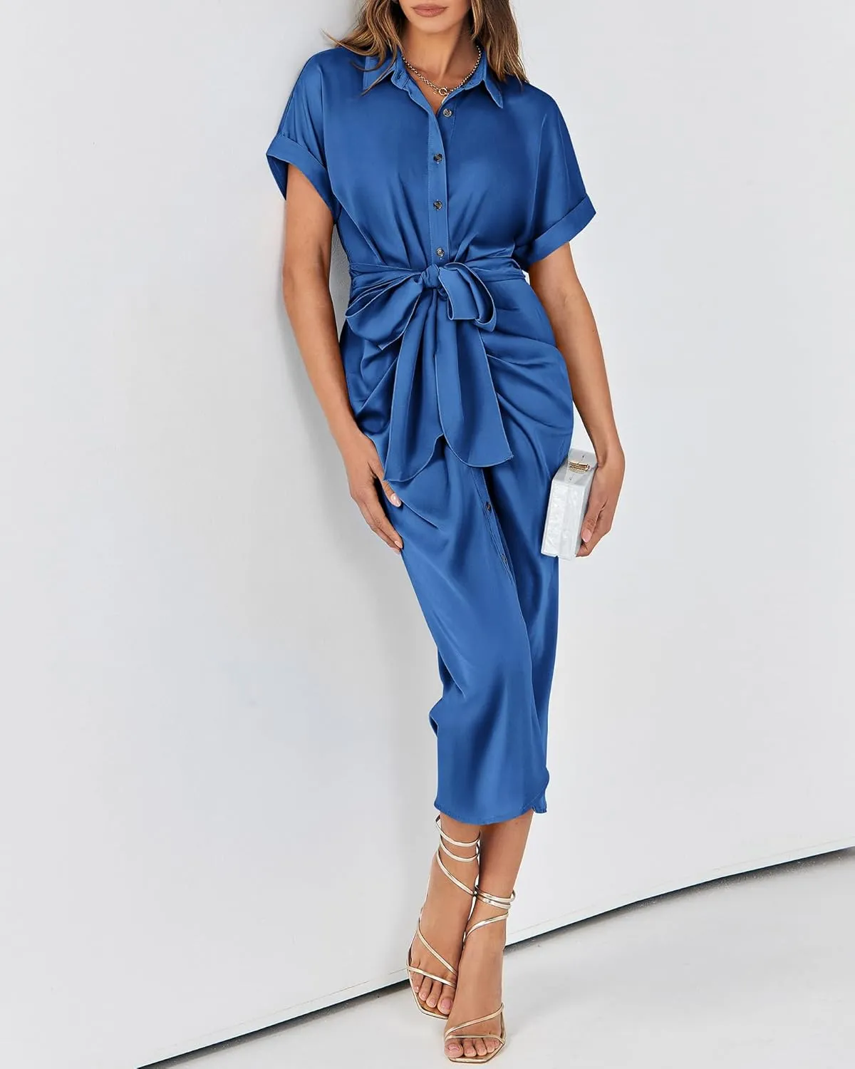 BTFBM 2025 Women Button Down Ruched Shirt Dresses Short Sleeve Lapel V Neck Elegant Party Spring Summer Maxi Satin Dress