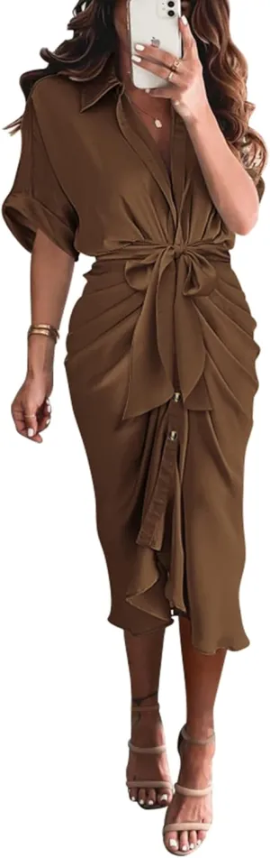 BTFBM 2025 Women Button Down Ruched Shirt Dresses Short Sleeve Lapel V Neck Elegant Party Spring Summer Maxi Satin Dress