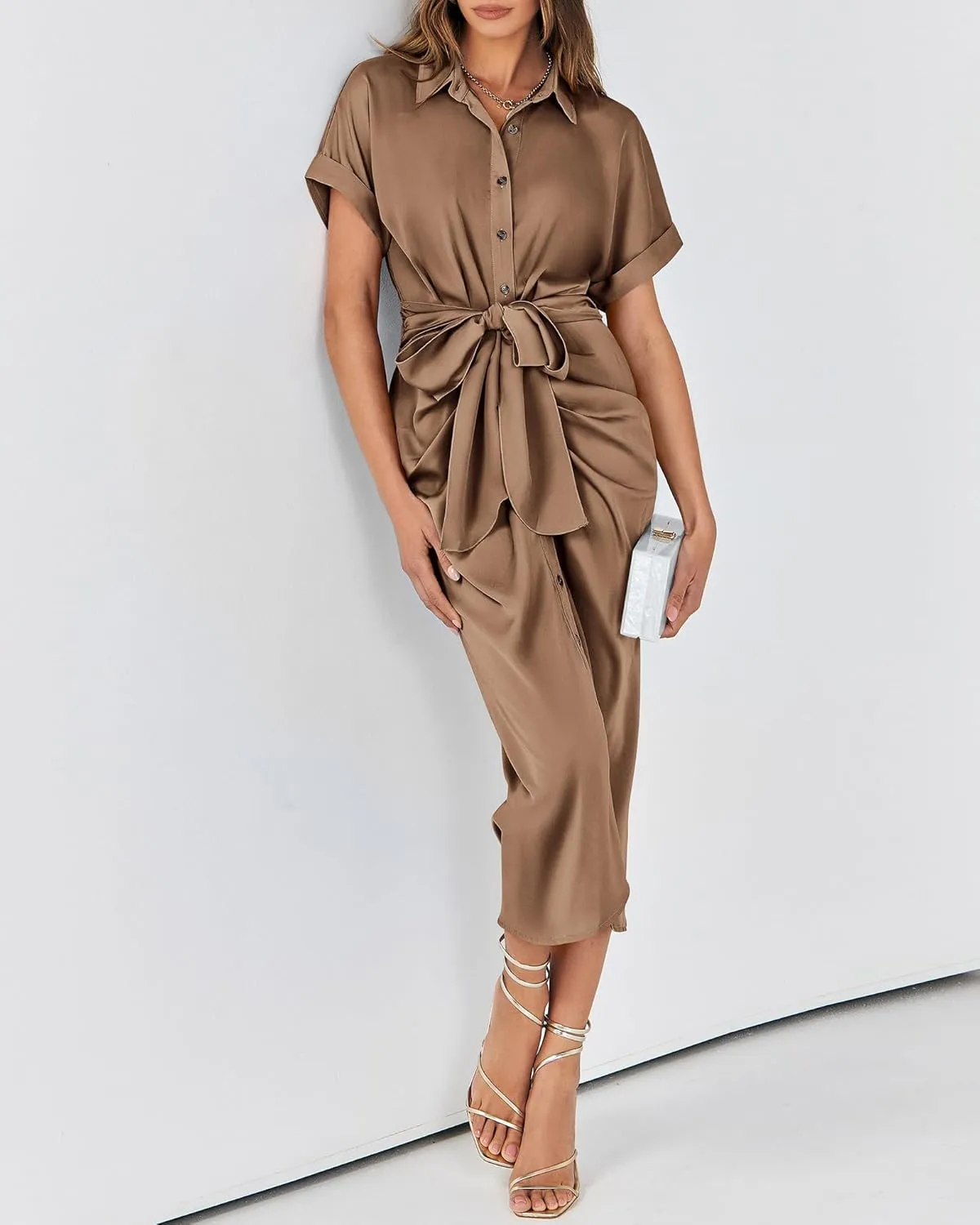 BTFBM 2025 Women Button Down Ruched Shirt Dresses Short Sleeve Lapel V Neck Elegant Party Spring Summer Maxi Satin Dress