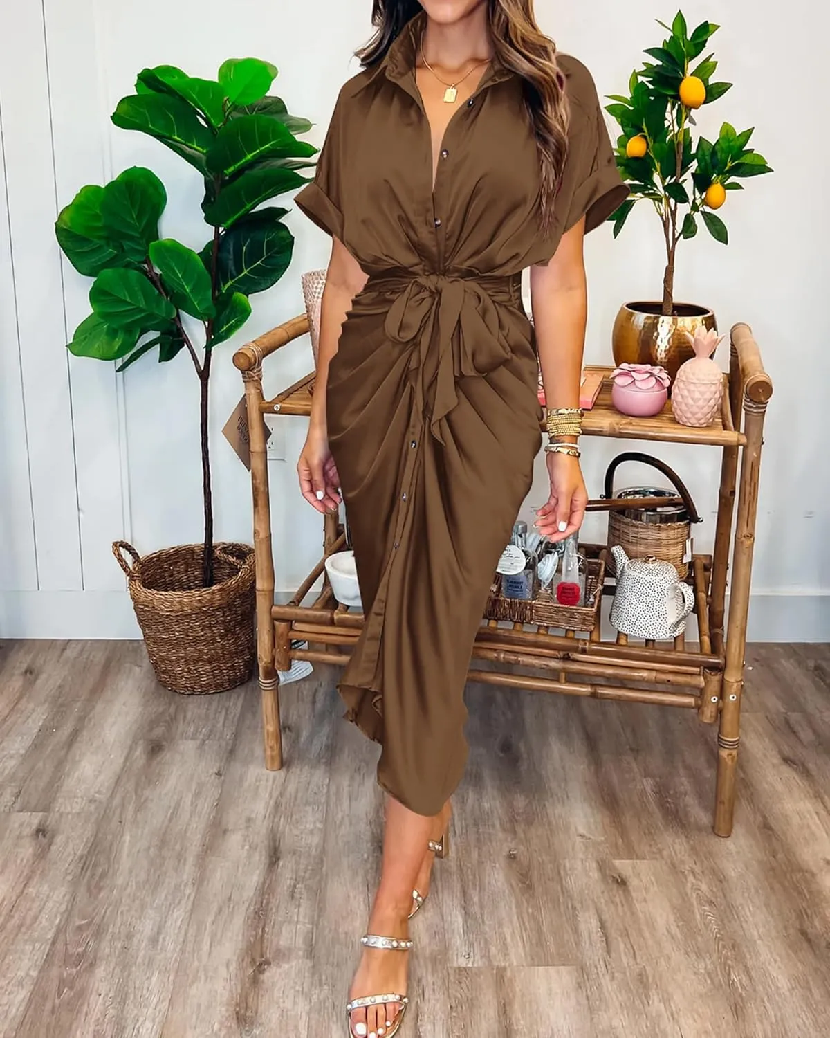 BTFBM 2025 Women Button Down Ruched Shirt Dresses Short Sleeve Lapel V Neck Elegant Party Spring Summer Maxi Satin Dress