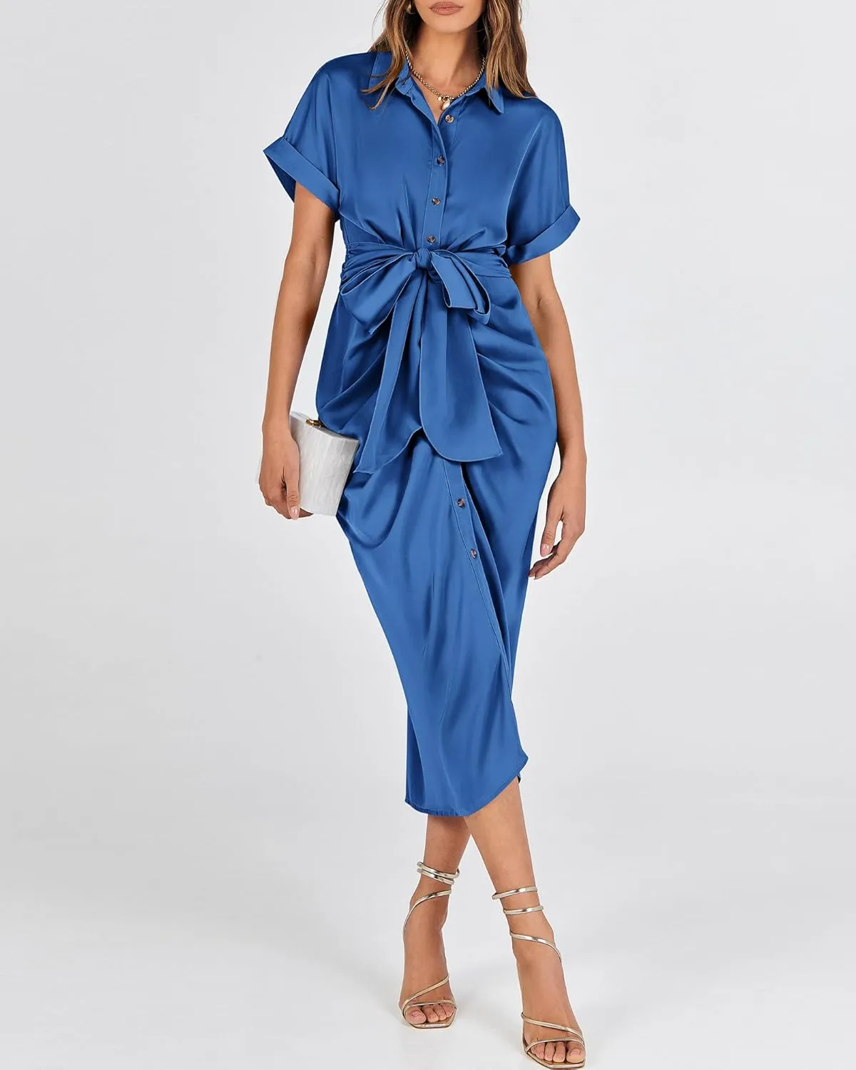 BTFBM 2025 Women Button Down Ruched Shirt Dresses Short Sleeve Lapel V Neck Elegant Party Spring Summer Maxi Satin Dress