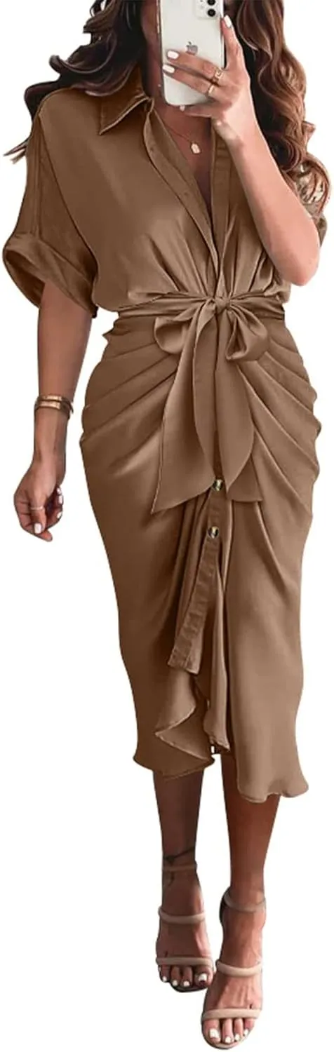 BTFBM 2025 Women Button Down Ruched Shirt Dresses Short Sleeve Lapel V Neck Elegant Party Spring Summer Maxi Satin Dress