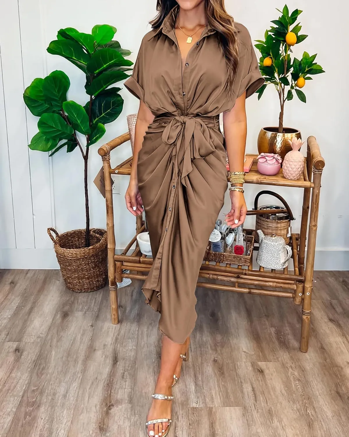 BTFBM 2025 Women Button Down Ruched Shirt Dresses Short Sleeve Lapel V Neck Elegant Party Spring Summer Maxi Satin Dress