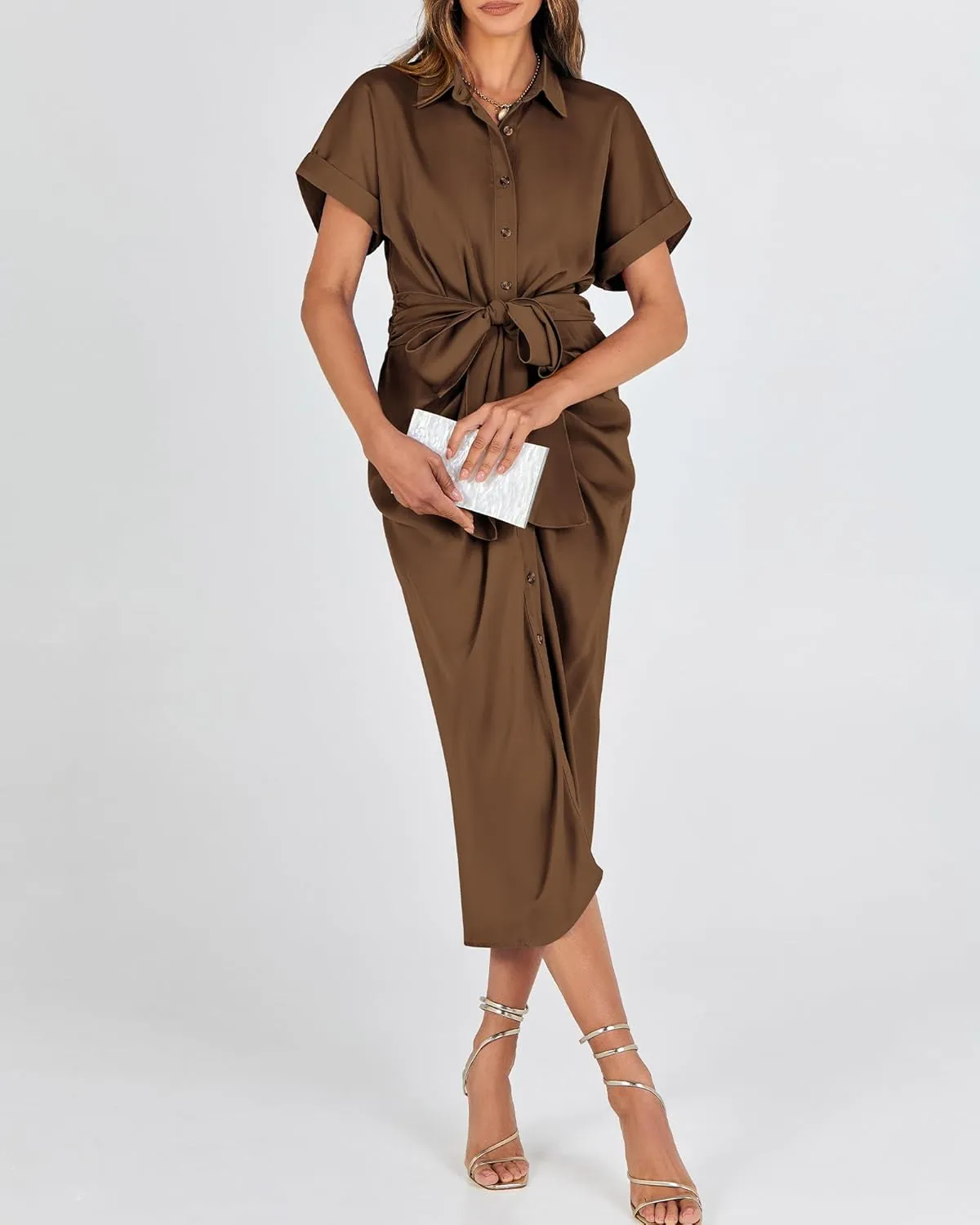 BTFBM 2025 Women Button Down Ruched Shirt Dresses Short Sleeve Lapel V Neck Elegant Party Spring Summer Maxi Satin Dress