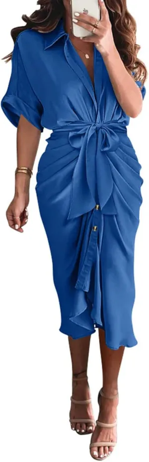 BTFBM 2025 Women Button Down Ruched Shirt Dresses Short Sleeve Lapel V Neck Elegant Party Spring Summer Maxi Satin Dress
