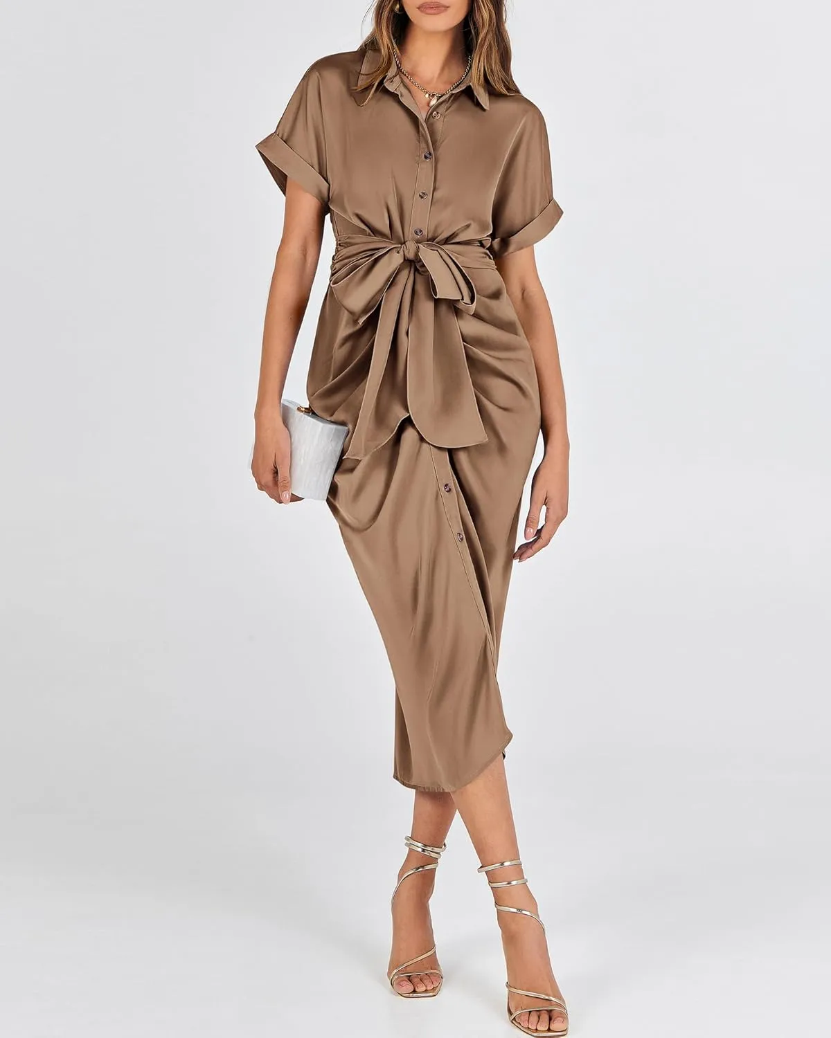 BTFBM 2025 Women Button Down Ruched Shirt Dresses Short Sleeve Lapel V Neck Elegant Party Spring Summer Maxi Satin Dress