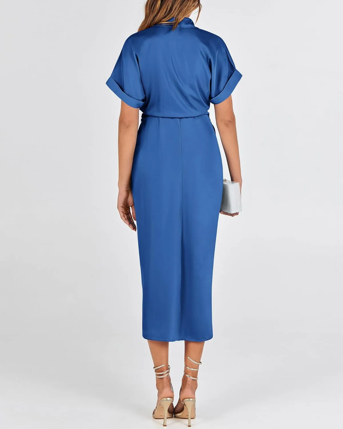 BTFBM 2025 Women Button Down Ruched Shirt Dresses Short Sleeve Lapel V Neck Elegant Party Spring Summer Maxi Satin Dress