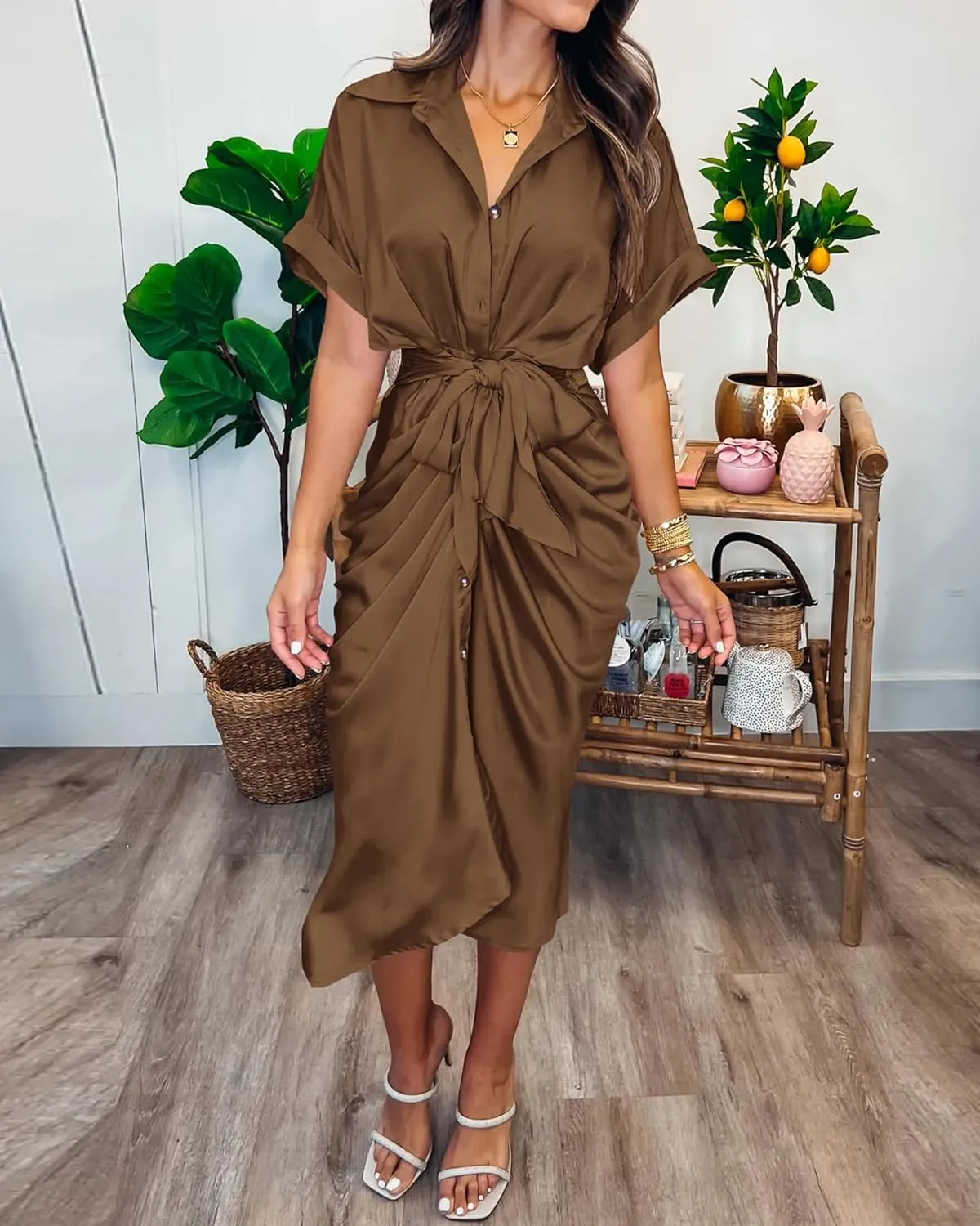 BTFBM 2025 Women Button Down Ruched Shirt Dresses Short Sleeve Lapel V Neck Elegant Party Spring Summer Maxi Satin Dress