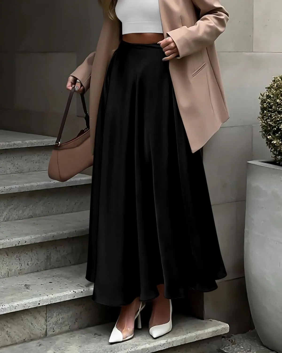 BTFBM Womens High Waist Satin Skirts Summer Spring Outfits 2025 Elegant Flowy A-Line Party Cocktail Long Maxi Skirt