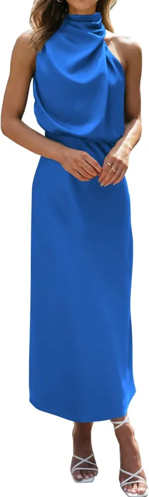 BTFBM Womens Sleeveless Cocktail Dresses Mock Neck Keyhole Elastic High Waist Evening Party Maxi Wedding Guest Dress