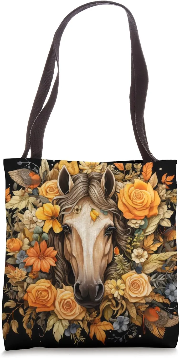 Buckskin Horse Print Watercolor Floral Animal Retro Flowers Tote Bag