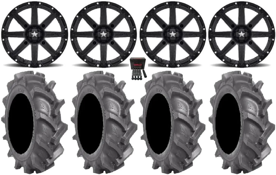 Bundle - 9 Items: MSA Black Clutch 14" ATV Wheels 28" BKT AT 171 Tires [4x110 Bolt Pattern 10mmx1.25 Lug Kit]