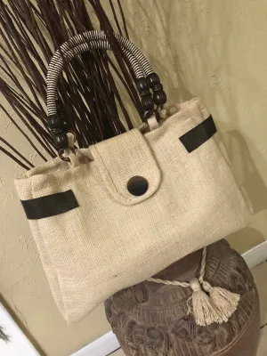 Burlap Handbag with Genuine Leather Trim