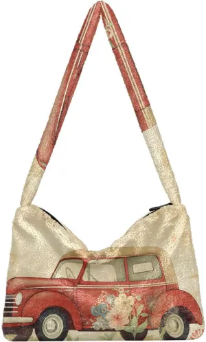 Butterflies and Flowers Red Truck Women Plush Shoulder Bag, Plush under Arm Bag, Womens Outdoor Bag