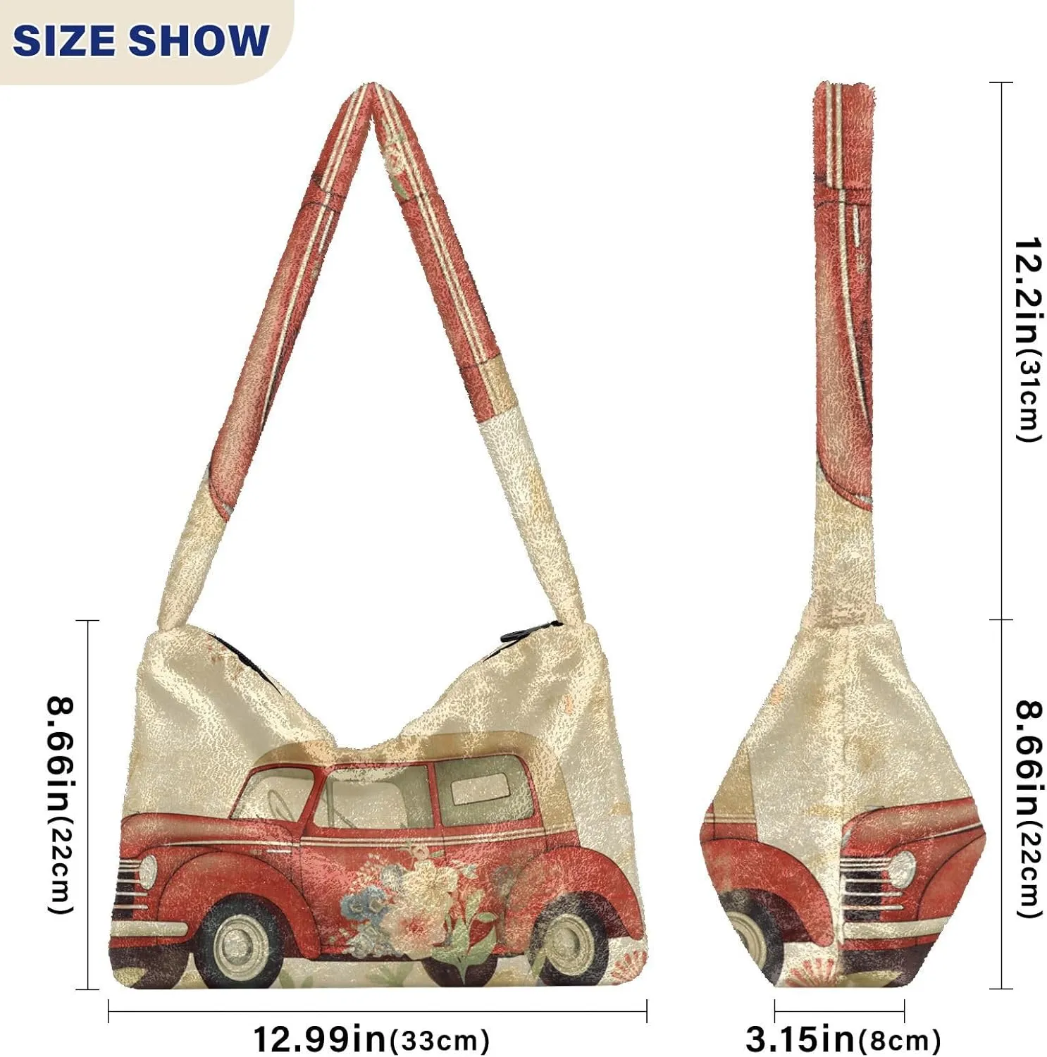 Butterflies and Flowers Red Truck Women Plush Shoulder Bag, Plush under Arm Bag, Womens Outdoor Bag