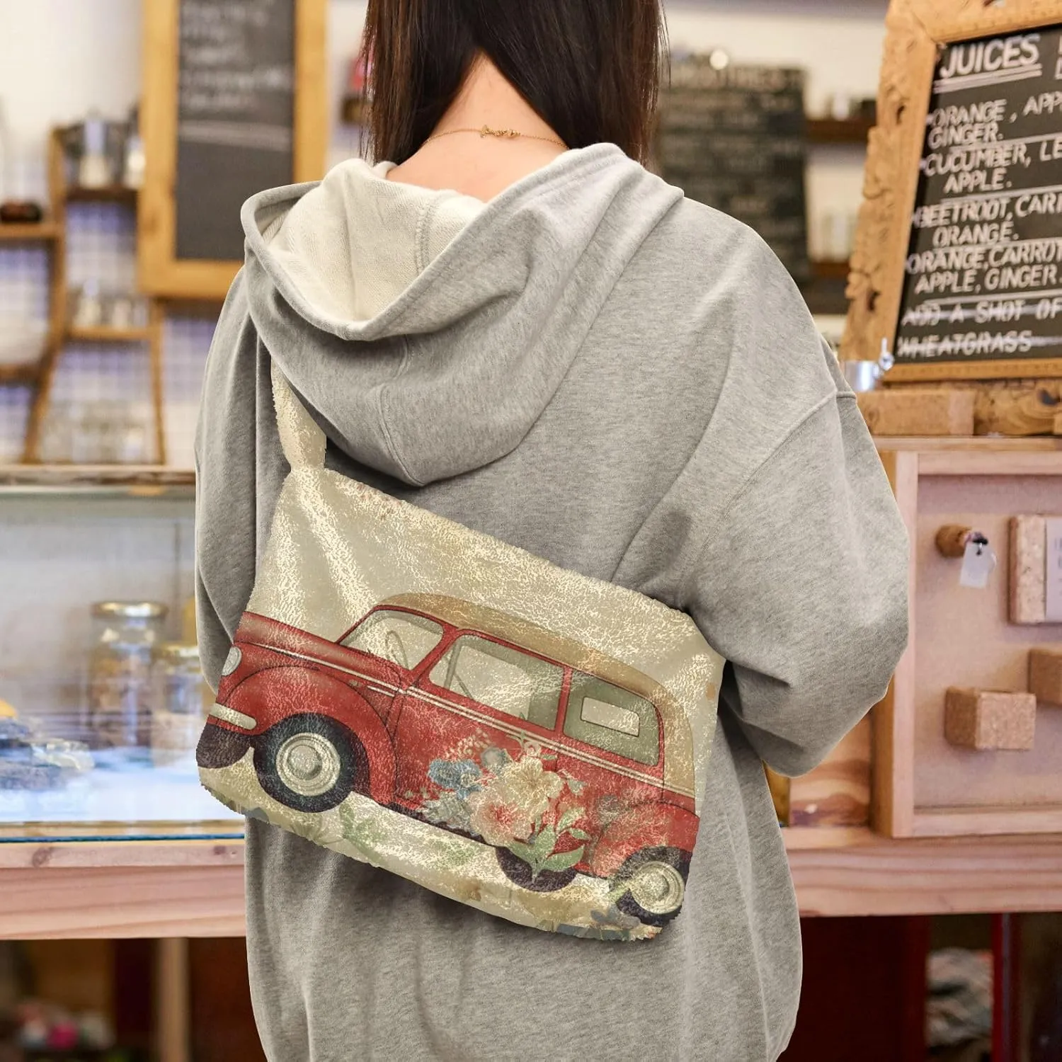 Butterflies and Flowers Red Truck Women Plush Shoulder Bag, Plush under Arm Bag, Womens Outdoor Bag