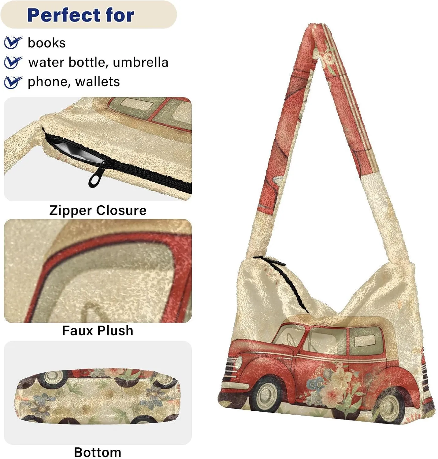 Butterflies and Flowers Red Truck Women Plush Shoulder Bag, Plush under Arm Bag, Womens Outdoor Bag