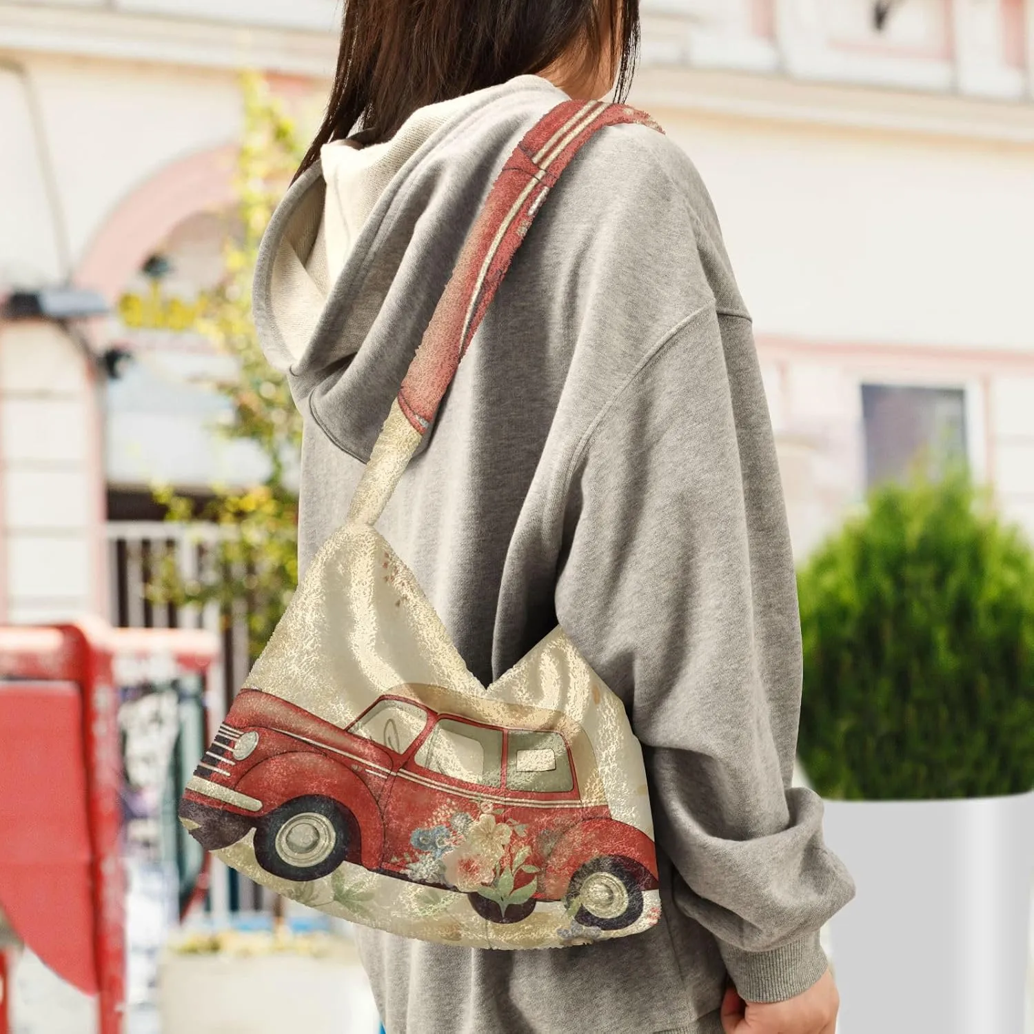Butterflies and Flowers Red Truck Women Plush Shoulder Bag, Plush under Arm Bag, Womens Outdoor Bag