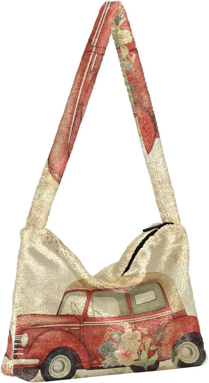 Butterflies and Flowers Red Truck Women Plush Shoulder Bag, Plush under Arm Bag, Womens Outdoor Bag
