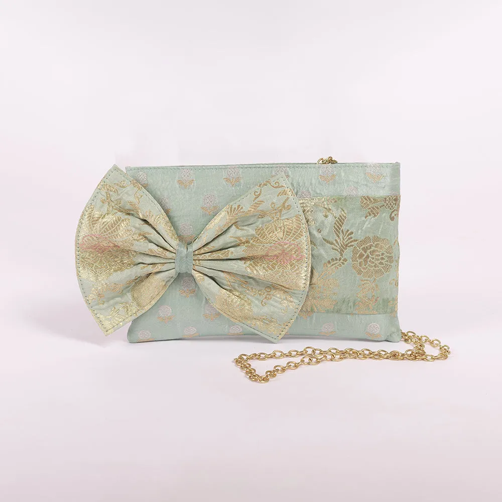 Button Daisy Aqua Blue Banarasi Handwoven Silk Bow Clutch