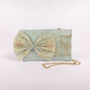 Button Daisy Aqua Blue Banarasi Handwoven Silk Bow Clutch