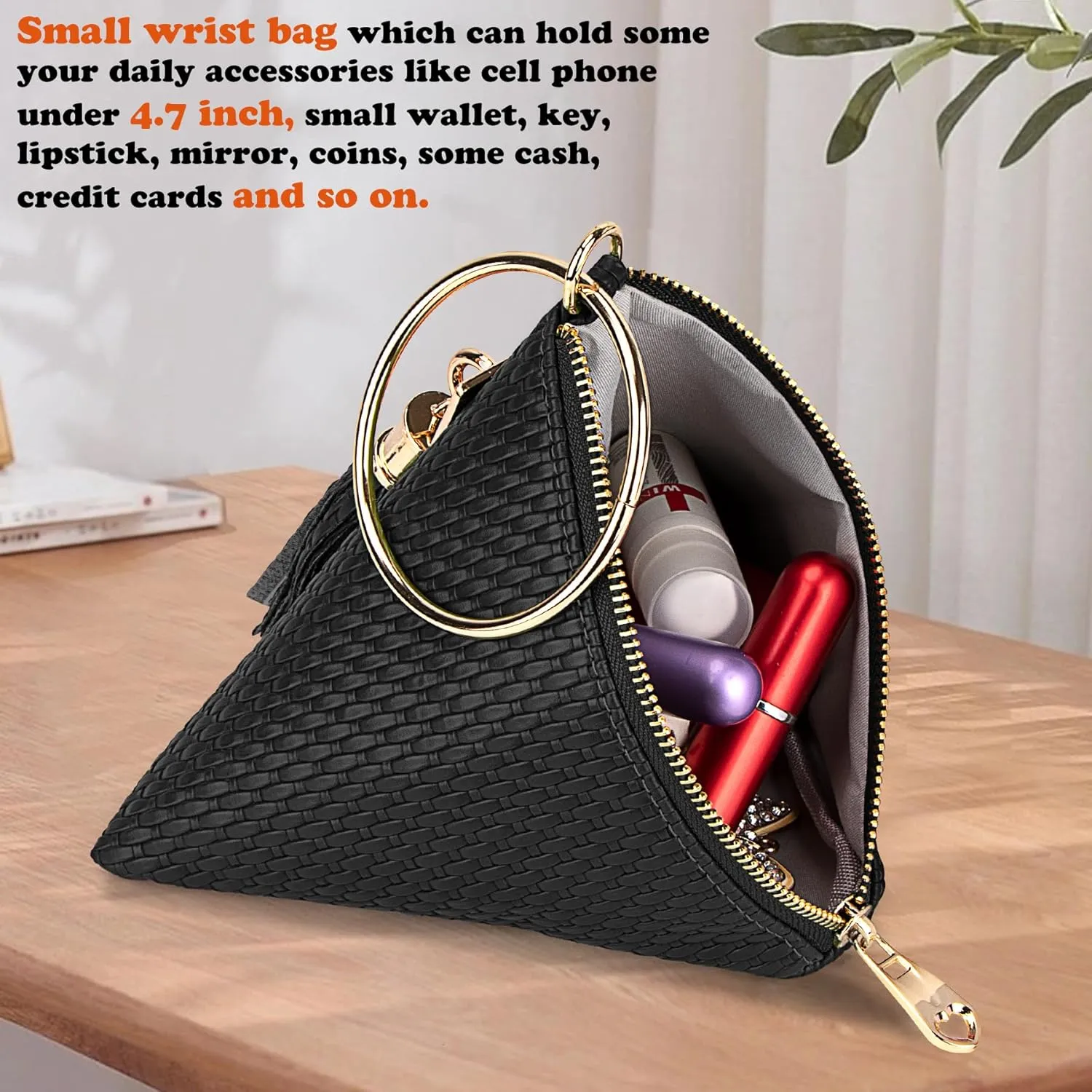 bvya Leather Triangle Wristlet Clutch Purse Handbag - Pyramid Evening Cocktail Wallet Tassel Charm